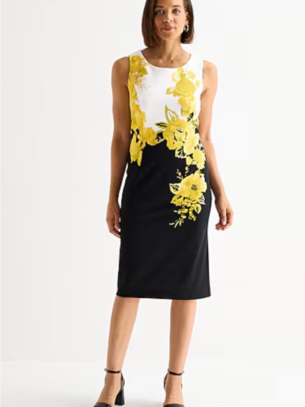 Maya Brooke Sz 20W Sleeveless White & Yellow Floral Sheath Dress w/ Black Skirt